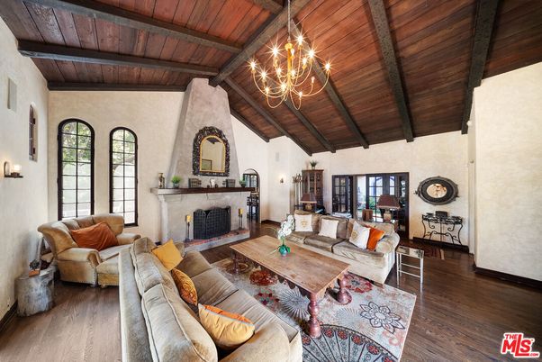 Chandelier, Fireplace, Interior, Living room, Wooden Beams, Wooden Ceilings, Wood Texture Flooring