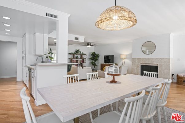 Dining room, Fireplace, Interior, Kitchen, Pendant Lights, Recessed Lighting, Wood Texture Flooring