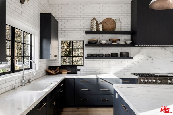 Interior, Kitchen, Marble Walls, Stainless Steel Appliances, Wood Texture Flooring