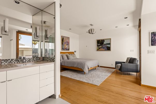Bedroom, Interior, Pendant Lights, Recessed Lighting, Wood Texture Flooring