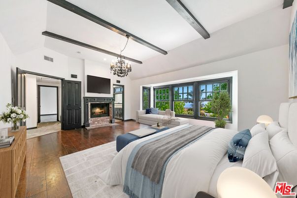 Bedroom, Chandelier, Fireplace, Interior, Recessed Lighting, Wooden Beams, Wood Texture Flooring