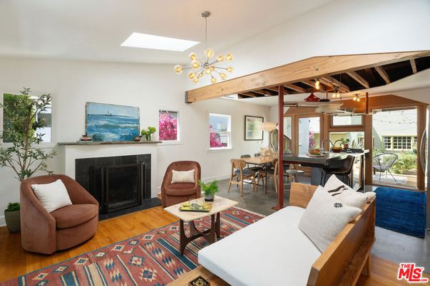 Dining room, Fireplace, Interior, Living room, Pendant Lights, Wooden Beams, Wood Texture Flooring