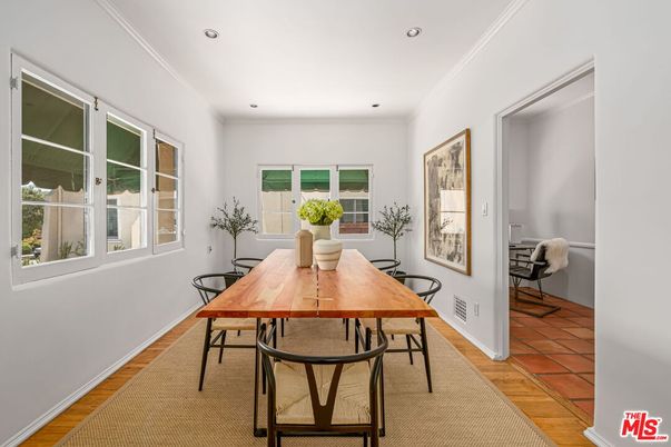 Dining room, Interior, Recessed Lighting, Wood Texture Flooring