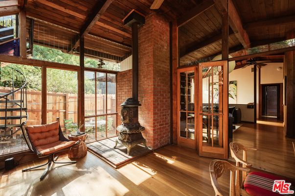 Fireplace, Interior, Stone Walls, Sun Room, Wooden Beams, Wooden Ceilings, Wood Texture Flooring