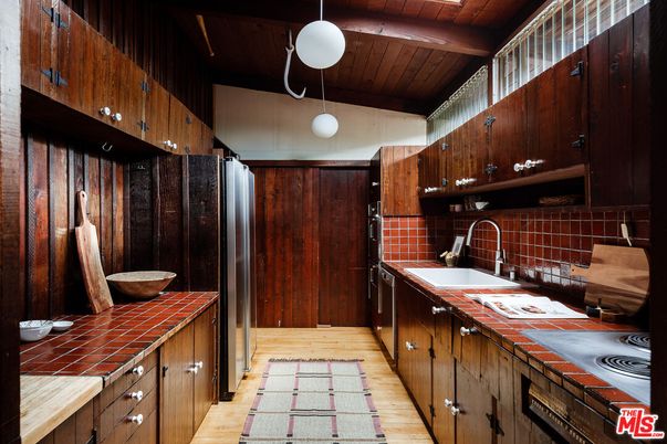Interior, Kitchen, Pendant Lights, Tile Countertops, Wooden Ceilings, Wood Texture Flooring
