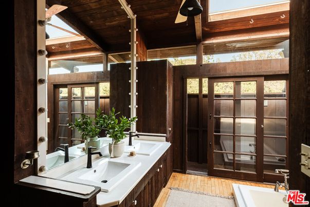 Bathroom, Dual Sink Vanities, Interior, Wooden Beams, Wooden Ceilings, Wood Texture Flooring