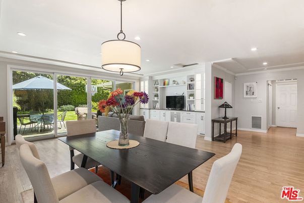 Dining room, Interior, Pendant Lights, Recessed Lighting, Wood Texture Flooring