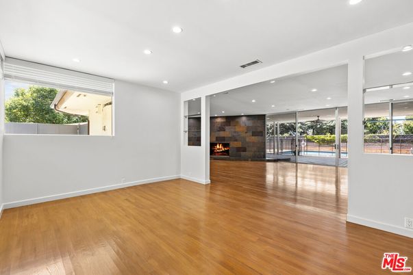 Empty room, Fireplace, Interior, Recessed Lighting, Wood Texture Flooring