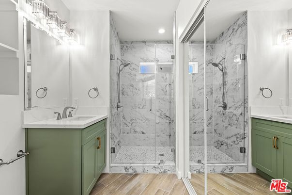 Bathroom, Glass Shower, Interior, Marble Walls, Recessed Lighting, Wood Texture Flooring