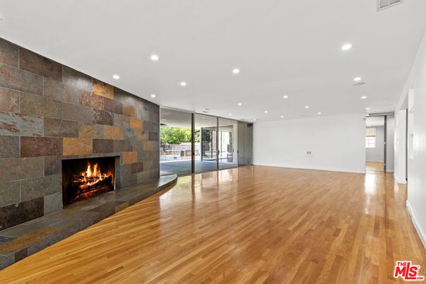 Empty room, Fireplace, Interior, Recessed Lighting, Wood Texture Flooring