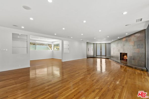 Empty room, Fireplace, Interior, Recessed Lighting, Wood Texture Flooring