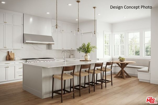 Interior, Kitchen, Marble Walls, Pendant Lights, Recessed Lighting, Stainless Steel Appliances, Wood Texture Flooring