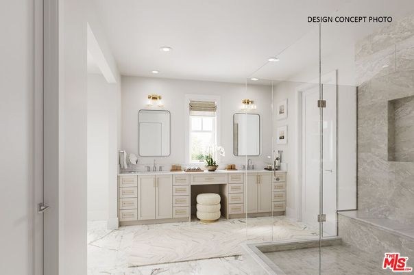 Bathroom, Dual Sink Vanities, Glass Shower, Interior, Marble, Recessed Lighting