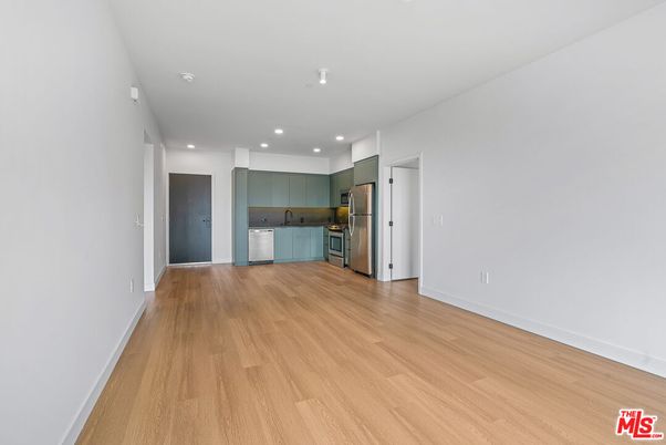 Empty room, Interior, Kitchen, Recessed Lighting, Wood Texture Flooring