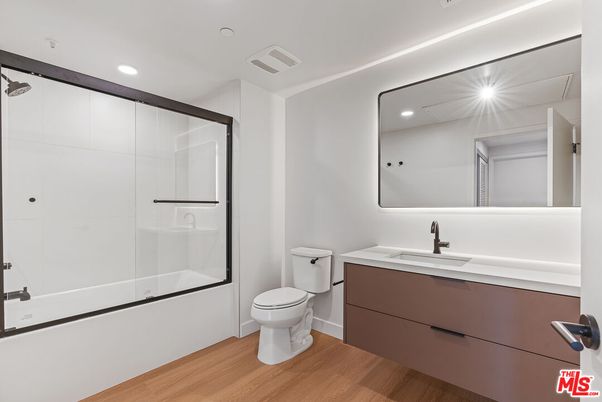 Bathroom, Glass Shower, Interior, Recessed Lighting, Wood Texture Flooring