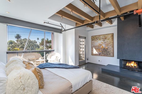 Bedroom, Fireplace, Interior, Pendant Lights, Recessed Lighting, Wood Texture Flooring