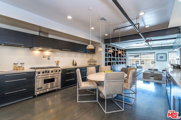 Dining room, Interior, Kitchen, Living room, Pendant Lights, Recessed Lighting, Stainless Steel Appliances, Wood Texture Flooring