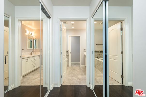 Bathroom, Dual Sink Vanities, Interior, Recessed Lighting, Wood Texture Flooring