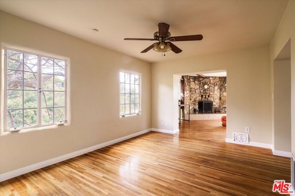 Empty room, Fireplace, Interior, Stone Walls, Wood Texture Flooring