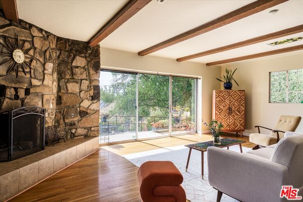 Fireplace, Interior, Living room, Stone Walls, Wooden Beams, Wood Texture Flooring