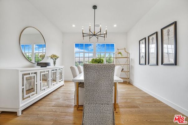 Dining room, Interior, Pendant Lights, Recessed Lighting, Wood Texture Flooring