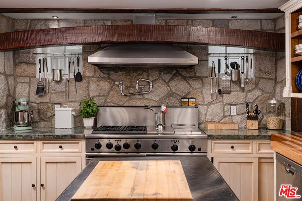 Interior, Kitchen, Recessed Lighting, Stainless Steel Appliances, Stone Walls