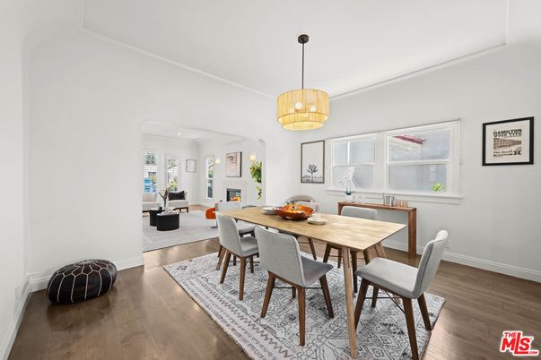 Dining room, Fireplace, Interior, Living room, Pendant Lights, Wood Texture Flooring