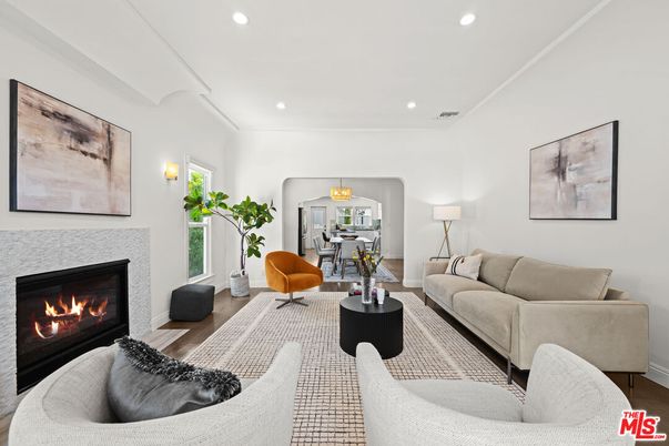 Fireplace, Interior, Living room, Recessed Lighting, Wood Texture Flooring