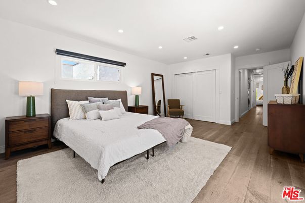 Bedroom, Interior, Recessed Lighting, Wood Texture Flooring