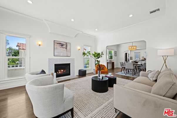Dining room, Fireplace, Interior, Living room, Pendant Lights, Recessed Lighting, Wood Texture Flooring