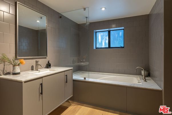Bathroom, Glass Shower, Interior, Recessed Lighting, Wood Texture Flooring