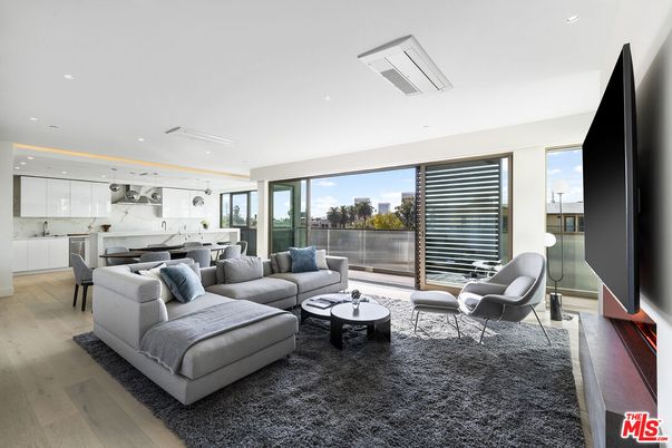 Interior, Kitchen, Living room, Marble Walls, Pendant Lights, Recessed Lighting, Wood Texture Flooring