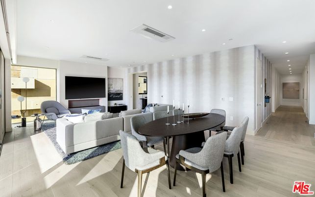 Dining room, Interior, Living room, Recessed Lighting, Wood Texture Flooring