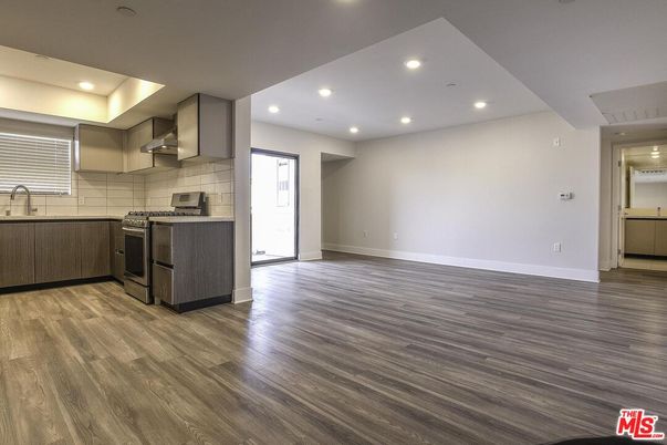 Empty room, Interior, Kitchen, Recessed Lighting, Wood Texture Flooring