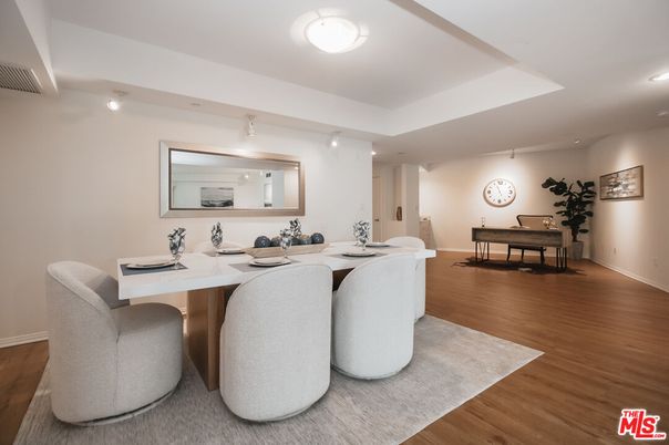 Dining room, Interior, Recessed Lighting, Wood Texture Flooring