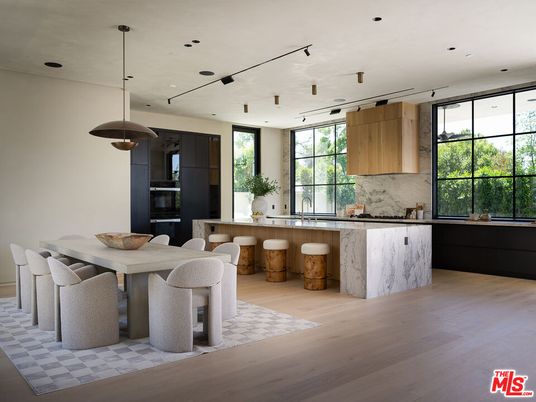 Dining room, Interior, Pendant Lights, Recessed Lighting, Wood Texture Flooring