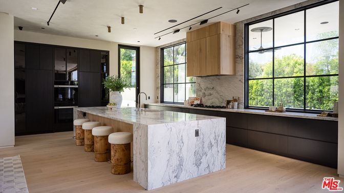 Interior, Kitchen, Marble Walls, Recessed Lighting, Wood Texture Flooring