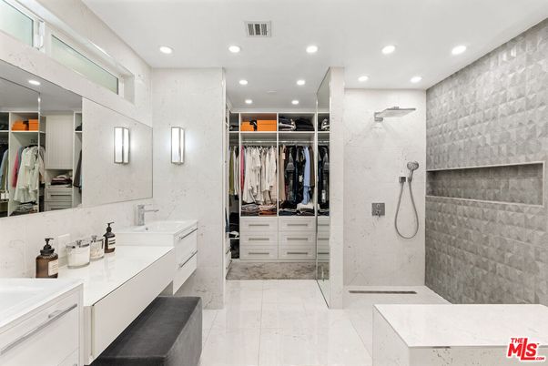 Bathroom, Dual Sink Vanities, Interior, Marble, Recessed Lighting, Walk-in Closets
