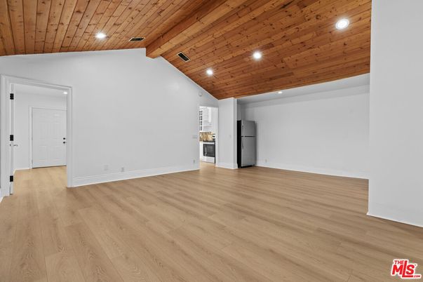 Empty room, Interior, Recessed Lighting, Wooden Beams, Wooden Ceilings, Wood Texture Flooring