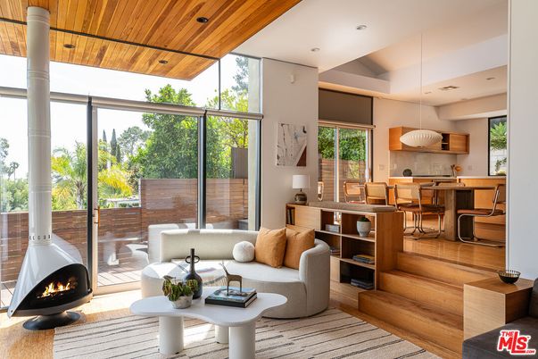 Dining room, Fireplace, Interior, Living room, Pendant Lights, Recessed Lighting, Wooden Ceilings, Wood Texture Flooring