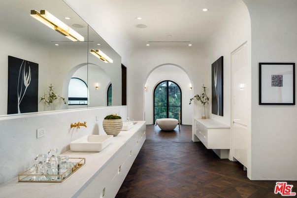 Bathroom, Dual Sink Vanities, Interior, Recessed Lighting, Wood Texture Flooring