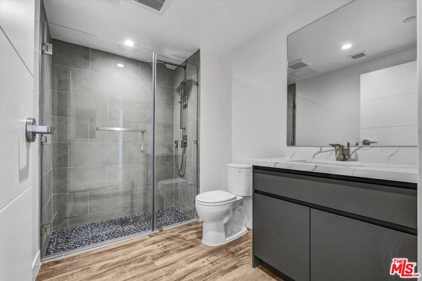 Bathroom, Glass Shower, Interior, Recessed Lighting, Wood Texture Flooring