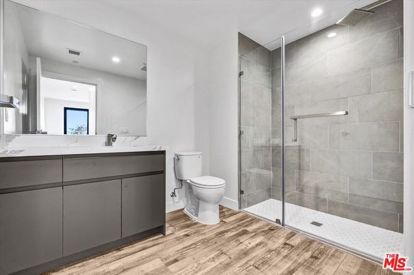 Bathroom, Glass Shower, Interior, Recessed Lighting, Wood Texture Flooring