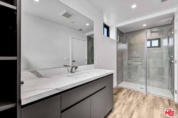 Bathroom, Glass Shower, Interior, Recessed Lighting, Wood Texture Flooring