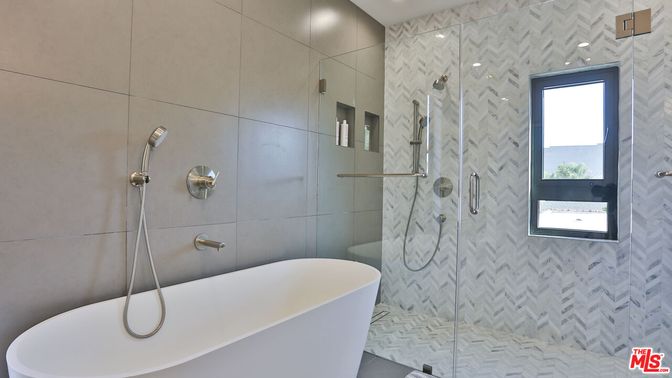 Bathroom, Free Standing Baths, Glass Shower, Interior, Marble Walls, Recessed Lighting
