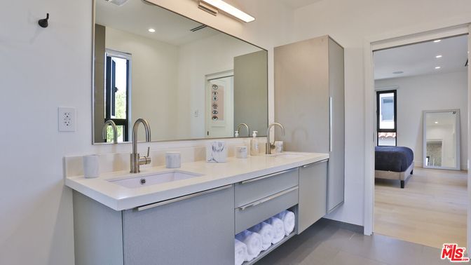 Bathroom, Dual Sink Vanities, Interior, Recessed Lighting, Wood Texture Flooring