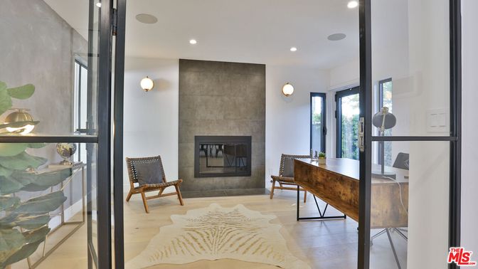 Fireplace, Home Office, Interior, Recessed Lighting, Wood Texture Flooring