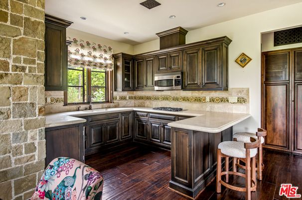 Interior, Kitchen, Recessed Lighting, Stainless Steel Appliances, Stone Walls, Wood Texture Flooring