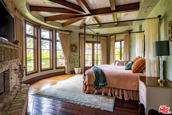 Bedroom, Fireplace, Interior, Recessed Lighting, Wooden Beams, Wood Texture Flooring
