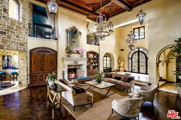 Chandelier, Fireplace, Interior, Living room, Stone Walls, Wooden Beams, Wood Texture Flooring